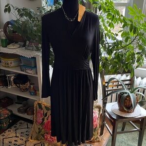 Grecerelle Midi, black dress. Cross over V-neck, Delineated bodice. Stretch. NWT